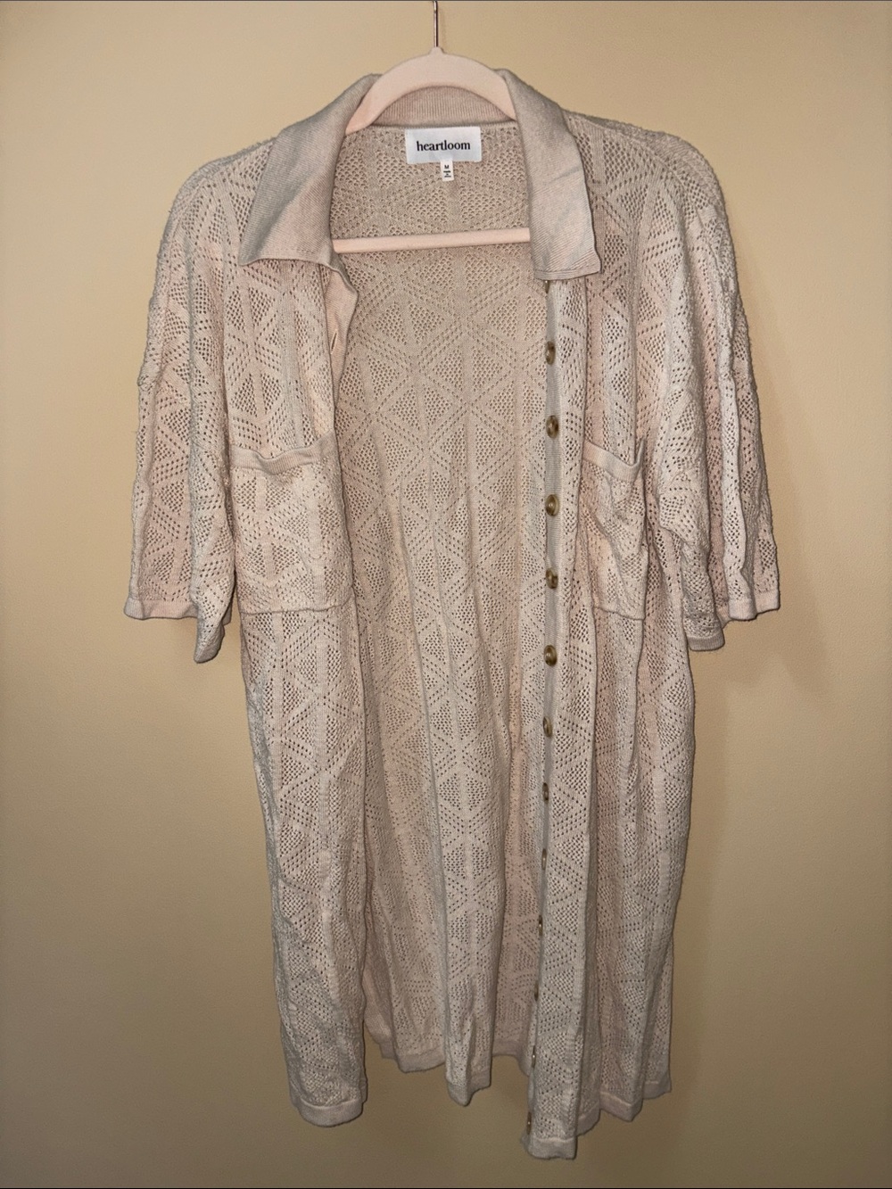 Heartloom Open-Knit Button Front Cardigan in Light Beige